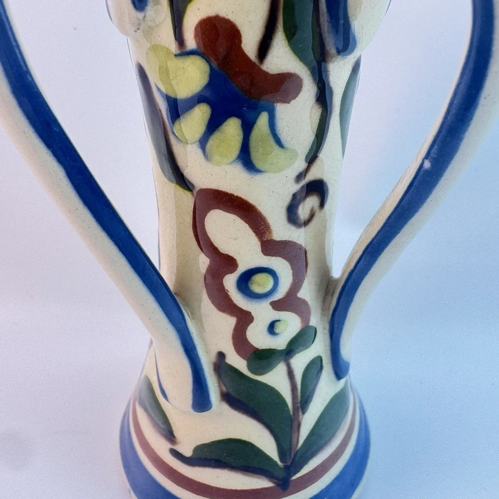 ART NOUVEAU VASE Motto Ware Triple Handled Vase Torquay Pottery Scarce FLAWED